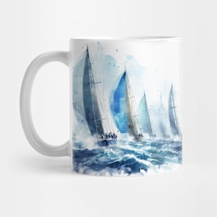 Sailboat race illustration in shades of blue Mug